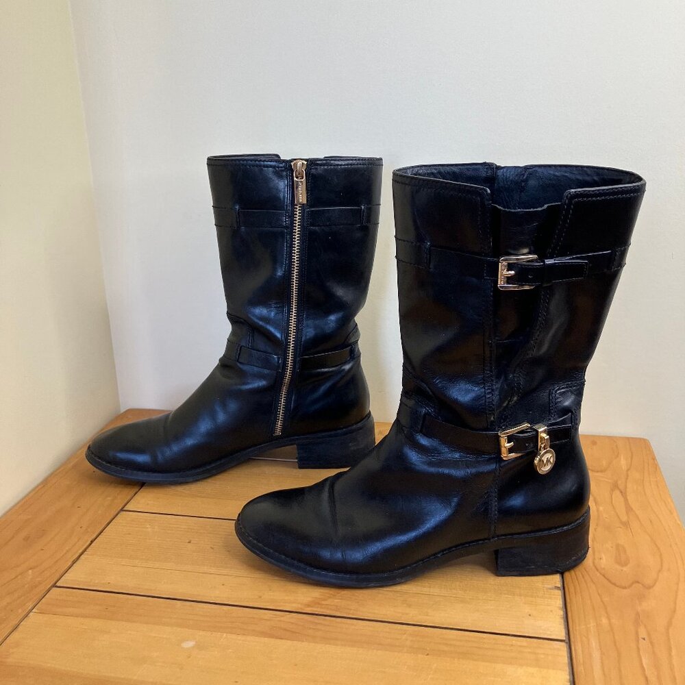 Michael Kors Leather Boots Black Moto Style Gold-tone Buckle Women's US 8.5